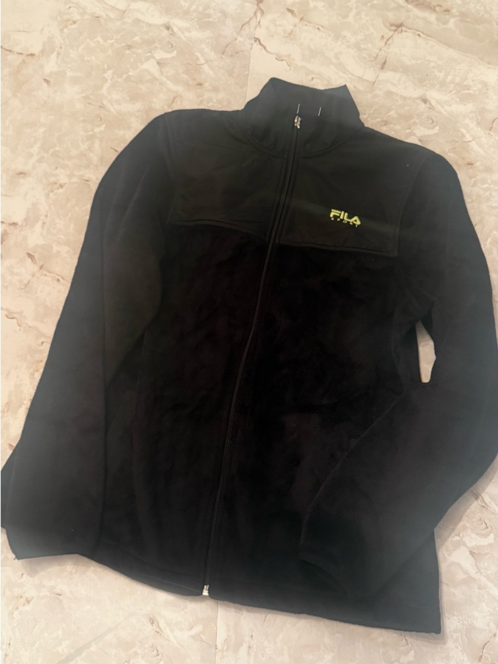 FILA Black Fleece Zip-Up Jacket with Neon Yellow Logo